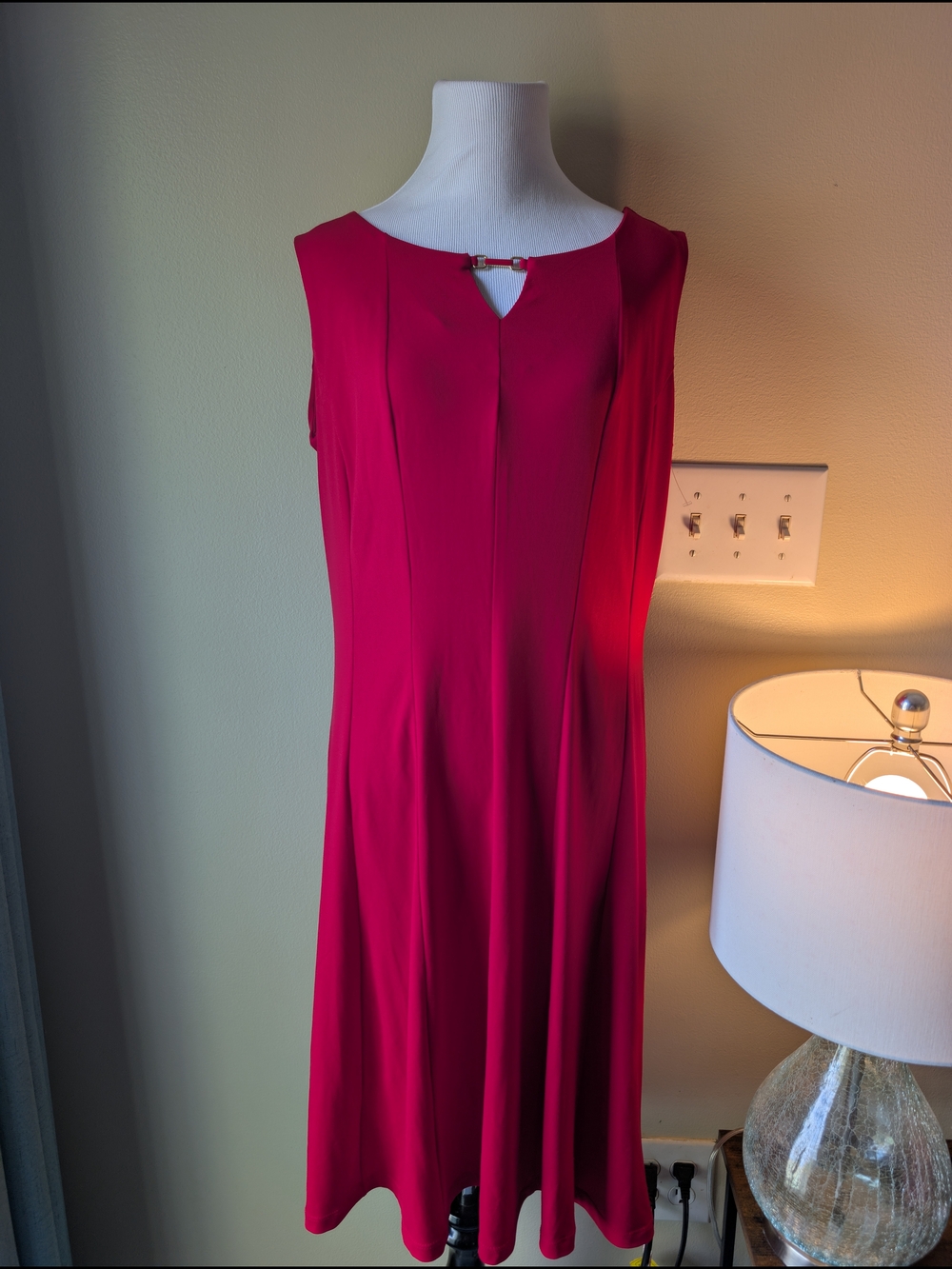 Susan Graver Sleeveless Midi Dress in Red with Bar Accent